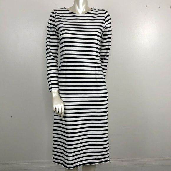 J.Crew Striped Midi Dress Long Sleeve Black Ivory - Picture 2 of 8